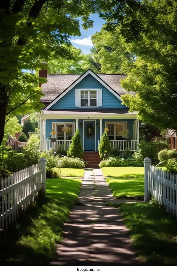 Charming blue cottage surrounded by lush greenery