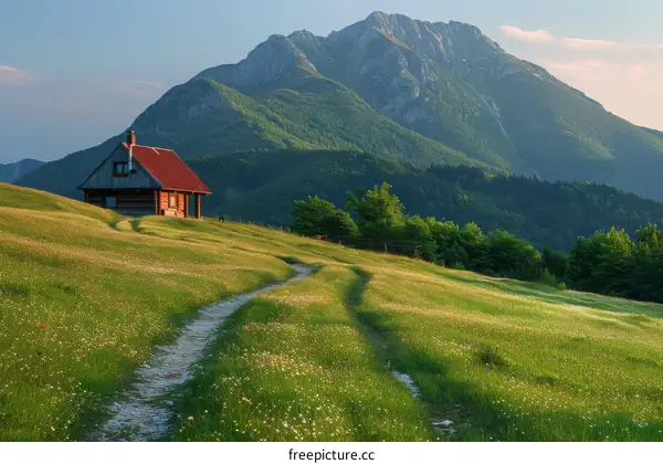 Small wooden house in a green mountain valley
