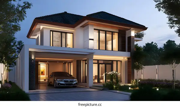 Modern House with a Car in the Garage