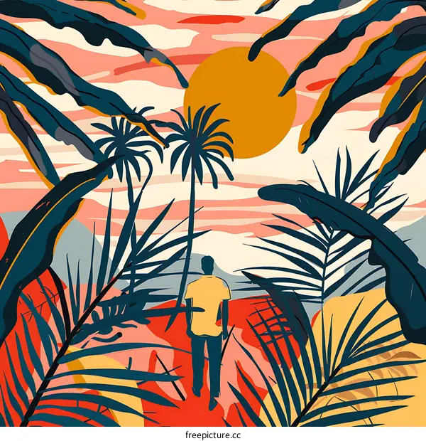 Tropical Sunset Illustration With A Man Walking