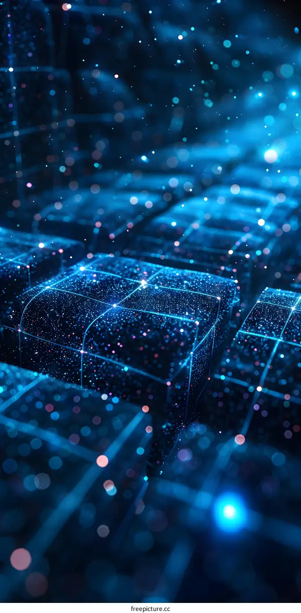 Blue glowing cubes in a grid pattern with a glowing blue background