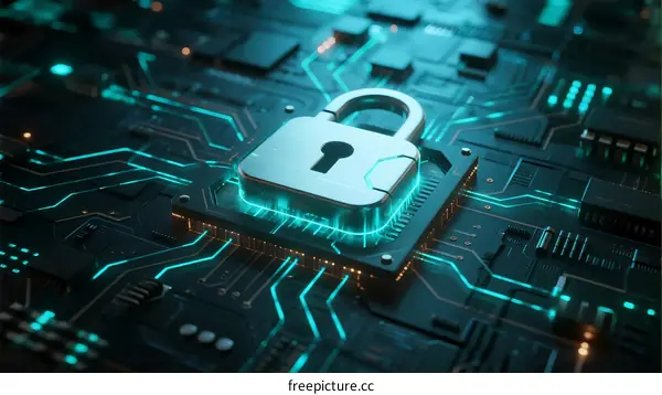 Secure Padlock on Circuit Board: Technology and Cybersecurity Concept
