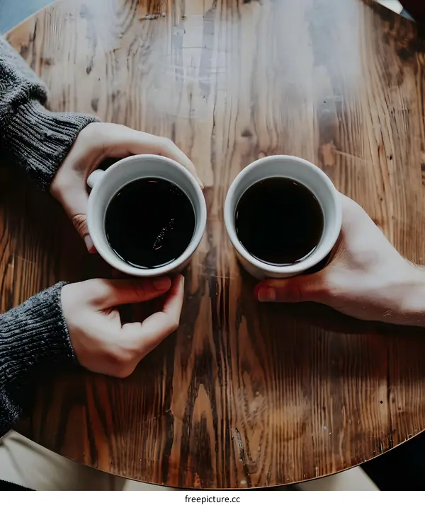 Two Hands Holding Coffee Cups on a Wooden Table