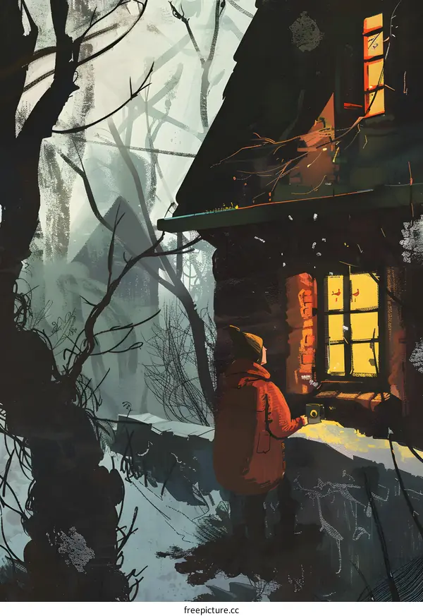 Woman Standing in Front of a House in a Snowy Forest