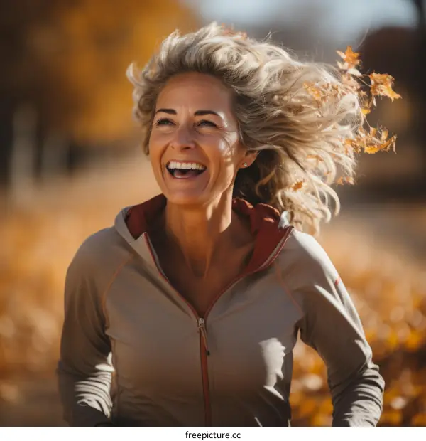 Happy blonde woman running through a fall forest