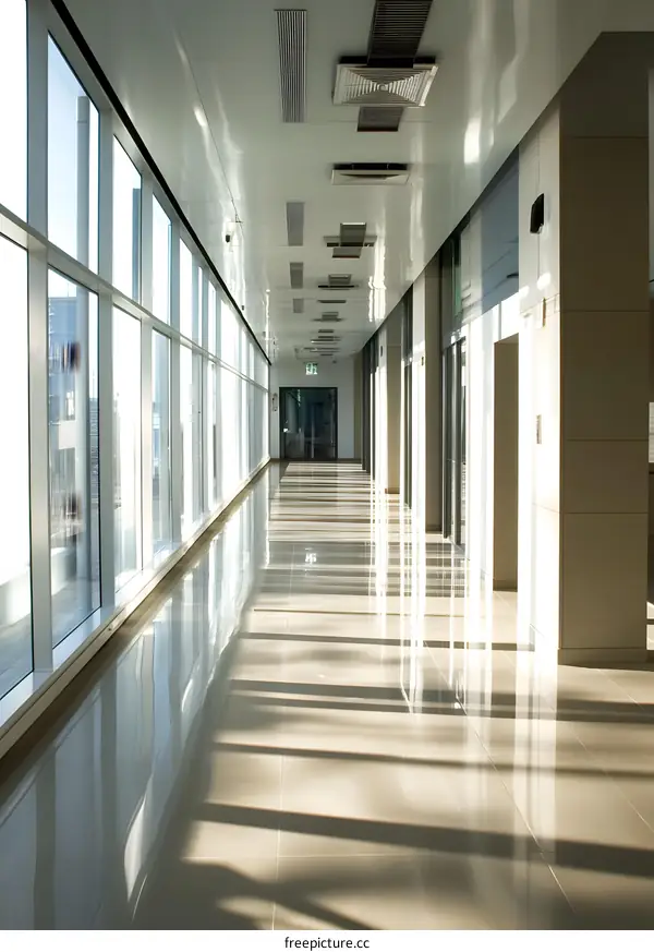 Modern Office Corridor with Sunlight and Glass Walls