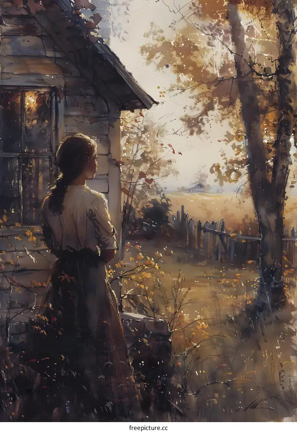 A woman standing in front of a house looking at the field