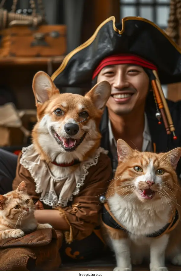 A man and his two cats and dog dressed up as pirates