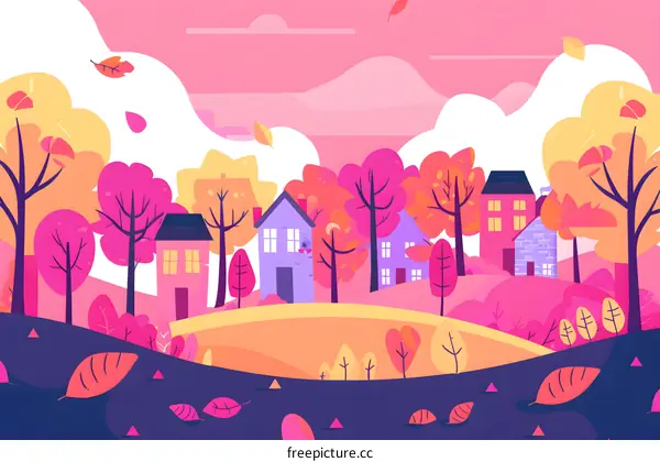 Autumn Leaves Falling Over Houses In Town