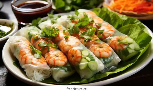 Fresh and healthy Vietnamese summer rolls with shrimp, vegetables, and rice noodles