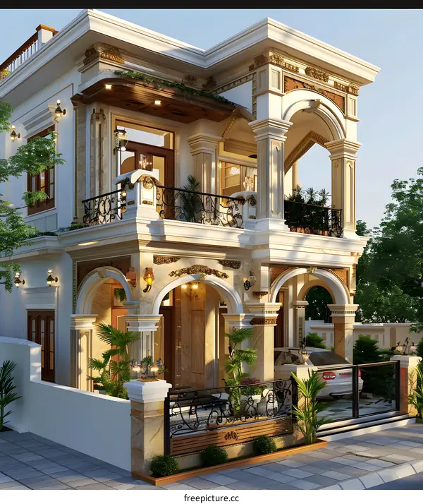 European style two-story villa with balcony and garage