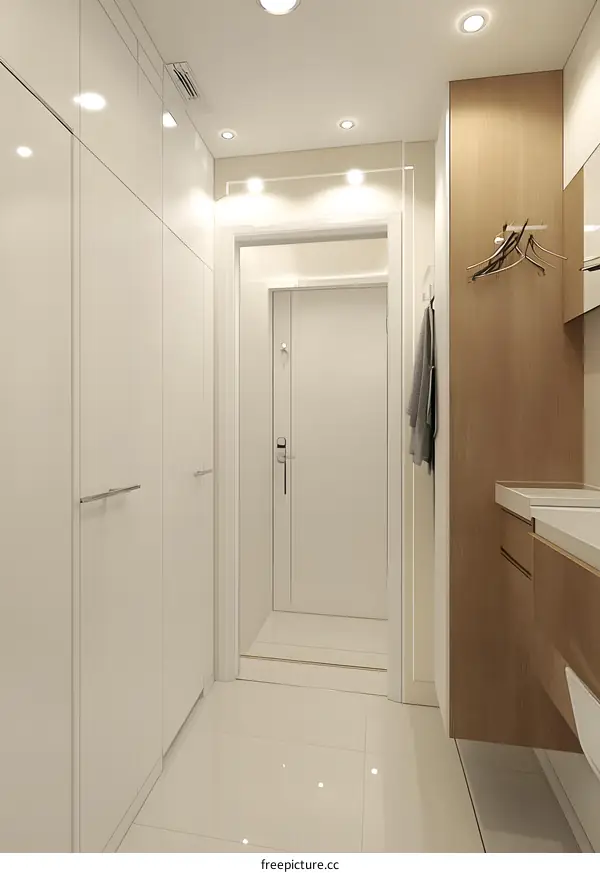 Modern Minimalist Interior Design Hallway Entrance with White Cabinets and Wooden Accents