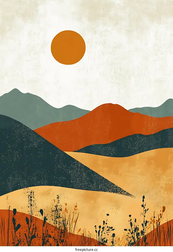Abstract Minimalist Mountain Landscape Illustration With Sun
