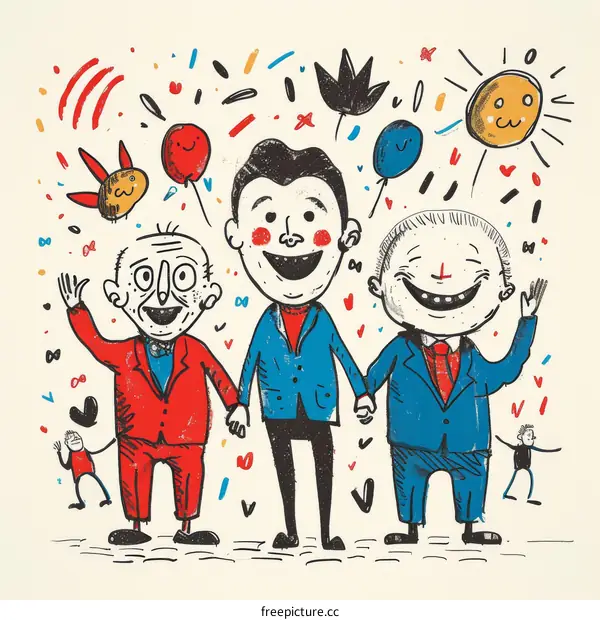 Three people of different ages are holding hands and smiling.