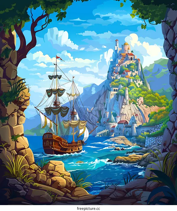 Medieval Castle on a Cliff by the Sea with a Sailing Ship