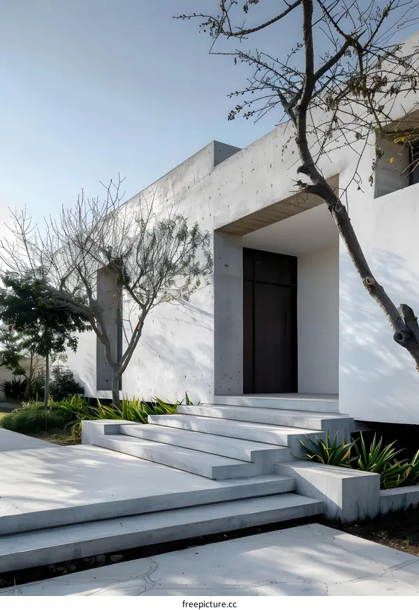 Modern Concrete House Entrance with Steps and Trees