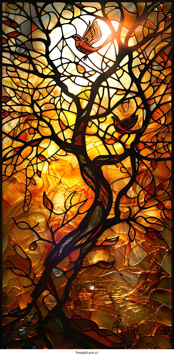 Stained Glass Tree with Birds in a Sunset