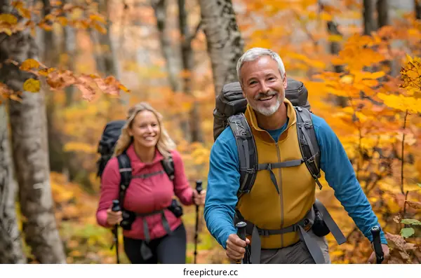 Smiling Couple Hiking Through Autumn Forest