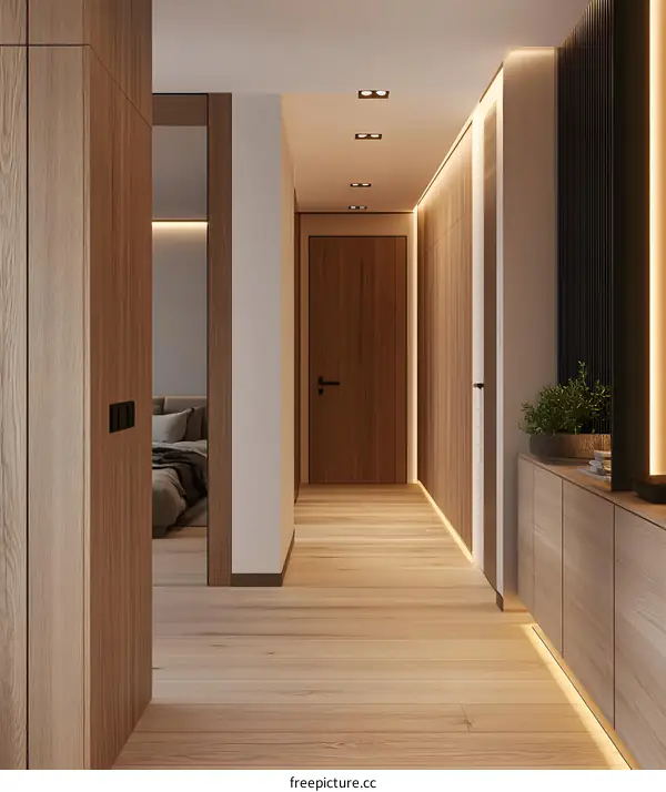 Modern Minimalist Hallway Interior Design With Wooden Walls And Flooring