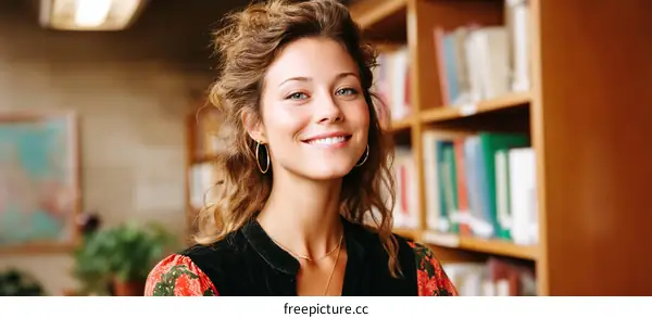 Woman Smiling in a Library Setting