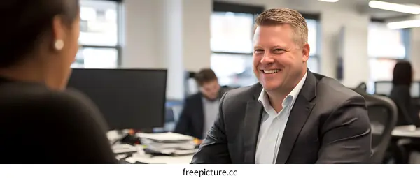 Smiling Businessman Talking to Coworker in Office