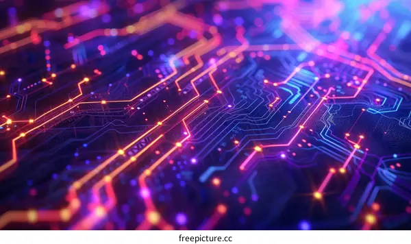 Abstract Circuit Board Illustration with Glowing Lines and Data Flow