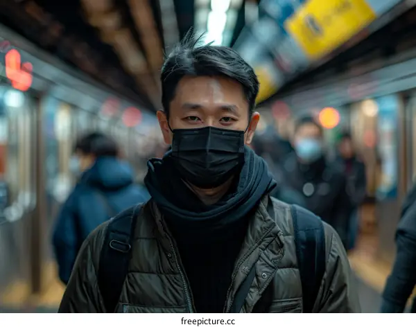 Asian man wearing a mask in a crowded subway station
