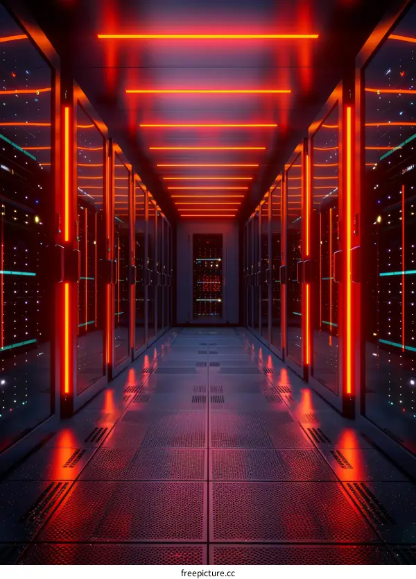 Red Neon Lights in Server Room Corridor
