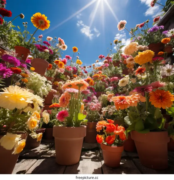 A beautiful garden of colorful flowers in pots