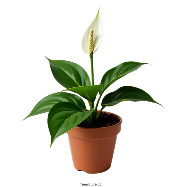 [Transparent Background PNG]White Peace Lily Plant in Brown Pot on transparent background