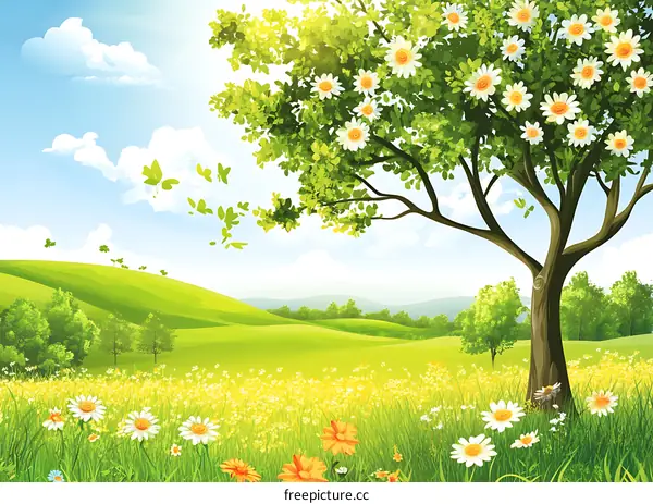 Beautiful Spring Landscape With Blooming Tree And Butterflies