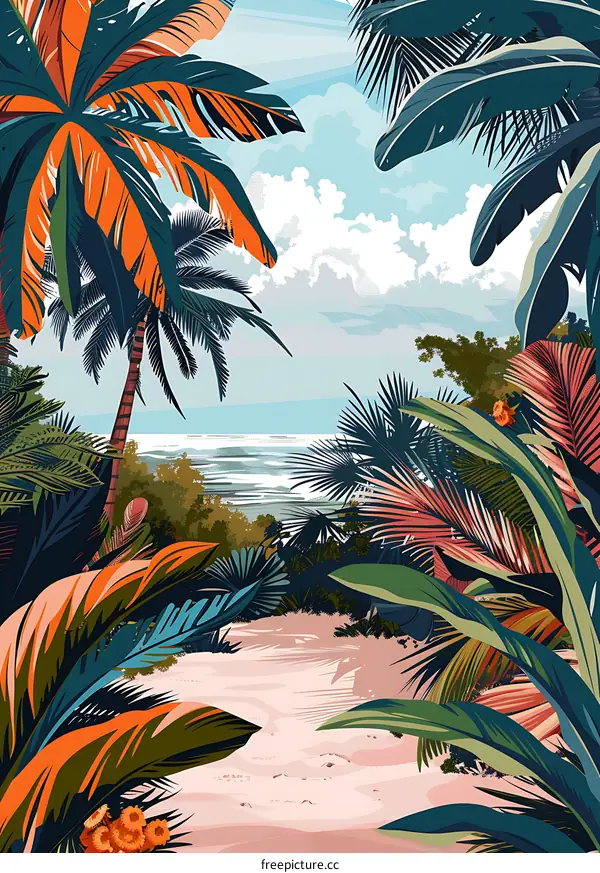Tropical Beach Scene Illustration with Lush Greenery and Palm Trees