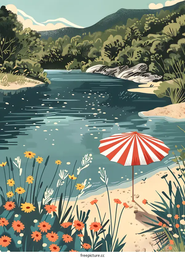 Summer Landscape With Red Striped Umbrella By The River
