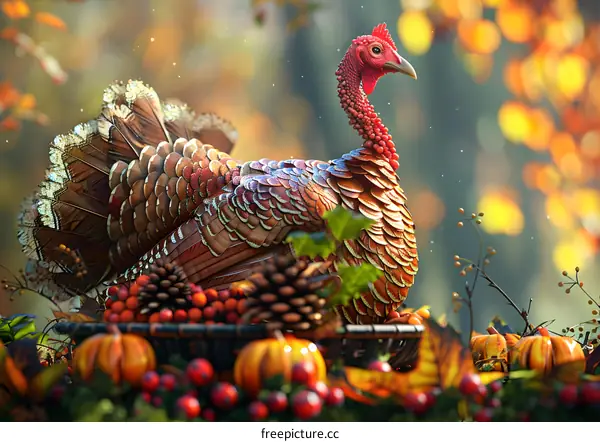 A Thanksgiving turkey sits on a cornucopia of pumpkins and gourds.
