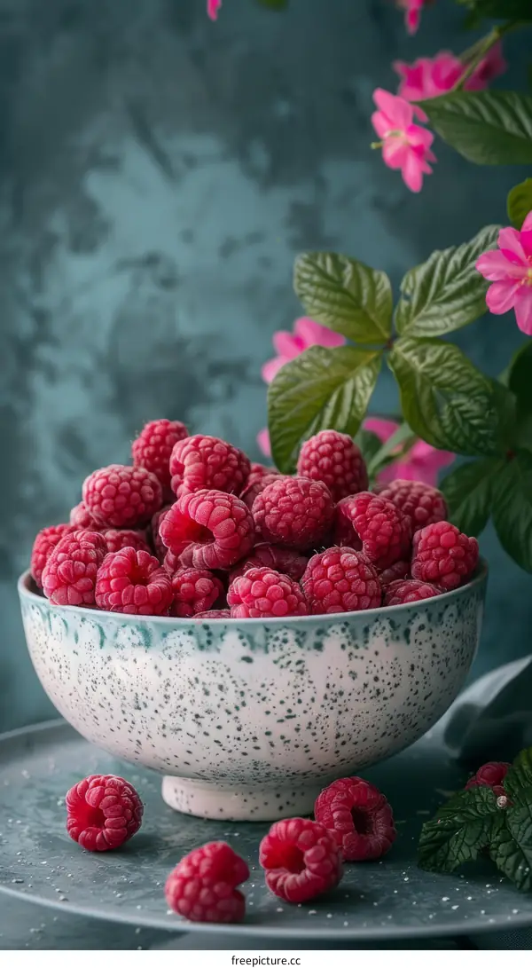 A bowl of fresh raspberries with green leaves and pink flowers