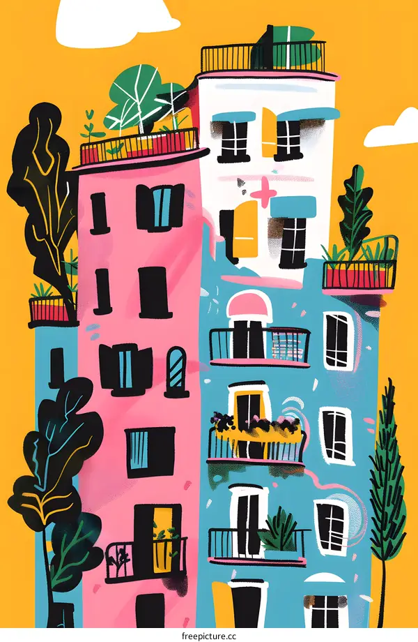 Colorful Illustration Of Apartment Buildings With Balconies
