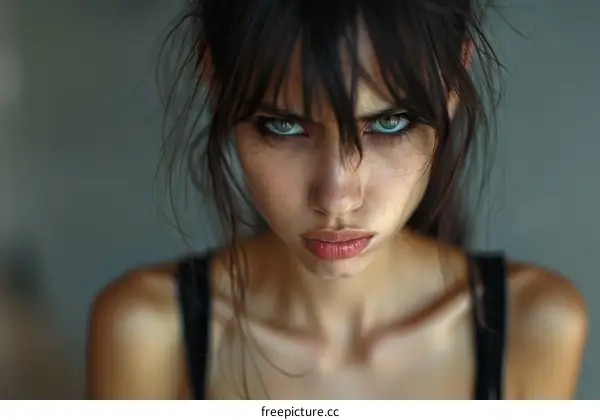 portrait of a young woman with green eyes and dark hair