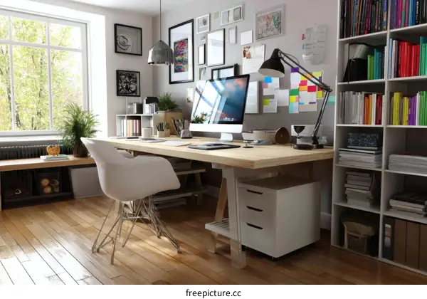 Modern Home Office with Wooden Desk and Bookshelves