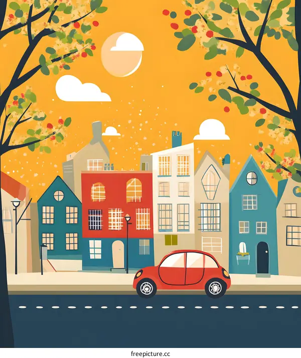 Cartoon Illustration of a Town with a Red Car