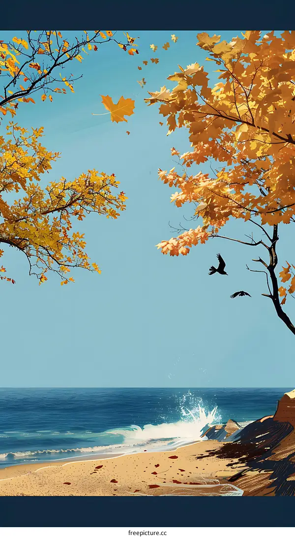 Autumn Landscape With Birds Flying Over the Sea