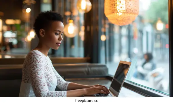 A young African-American woman works on her laptop in a coffee shop
