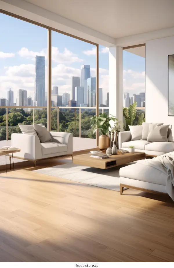 A modern living room with a large windows and a city view