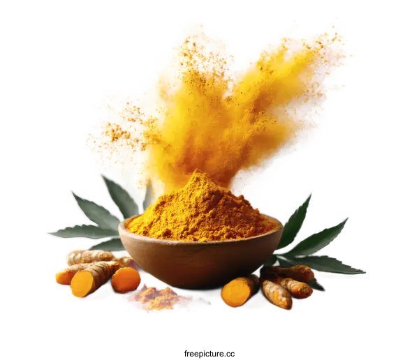[Transparent Background PNG]Turmeric Powder Explosion in Wooden Bowl