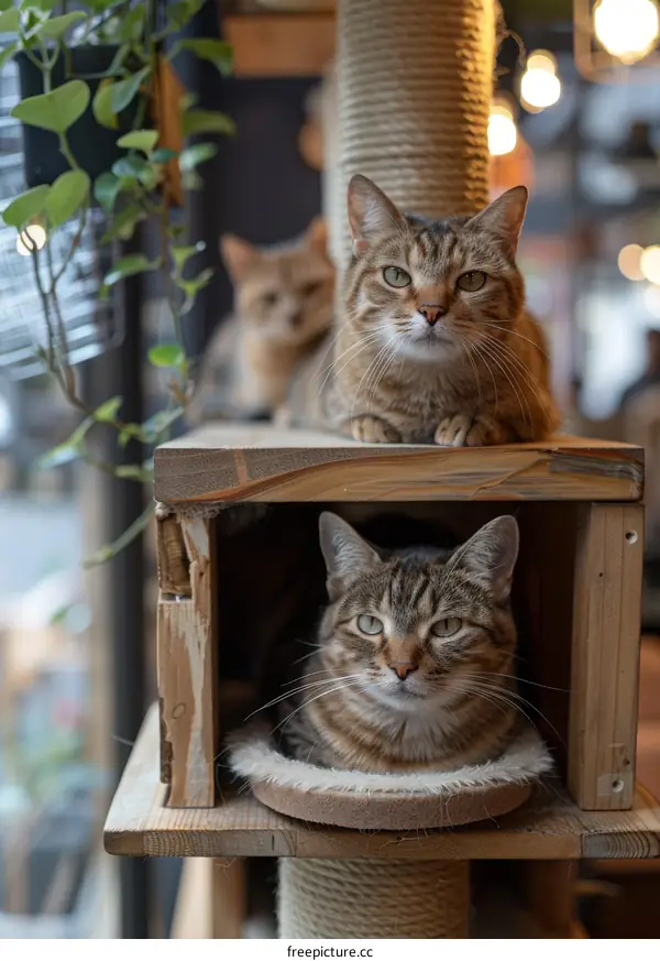 Two cats sitting on a wooden shelf in a cat cafe
