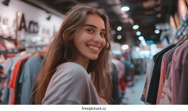 Smiling Woman in Clothing Store, Happy Customer Shopping in Retail Store