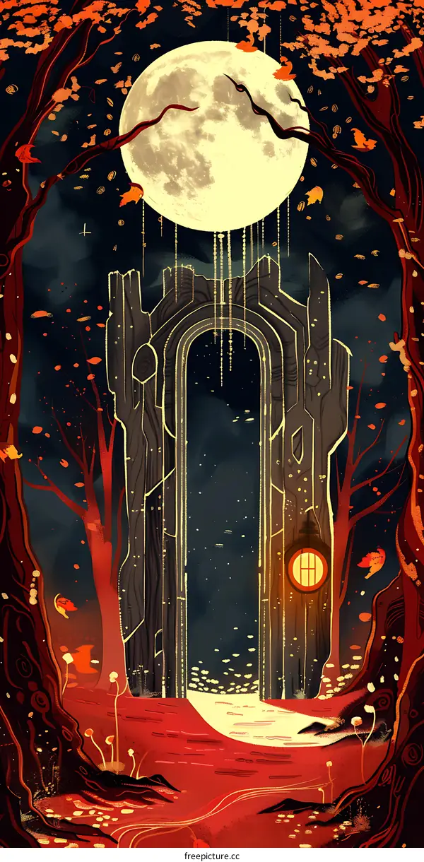 Mysterious Gate in the Forest Under the Full Moon