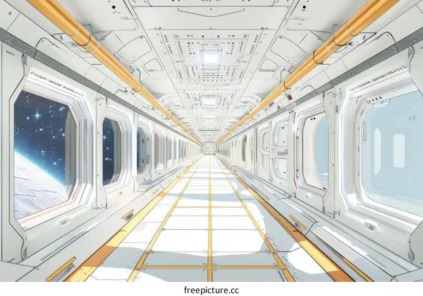 Futuristic spaceship interior with view of distant planet