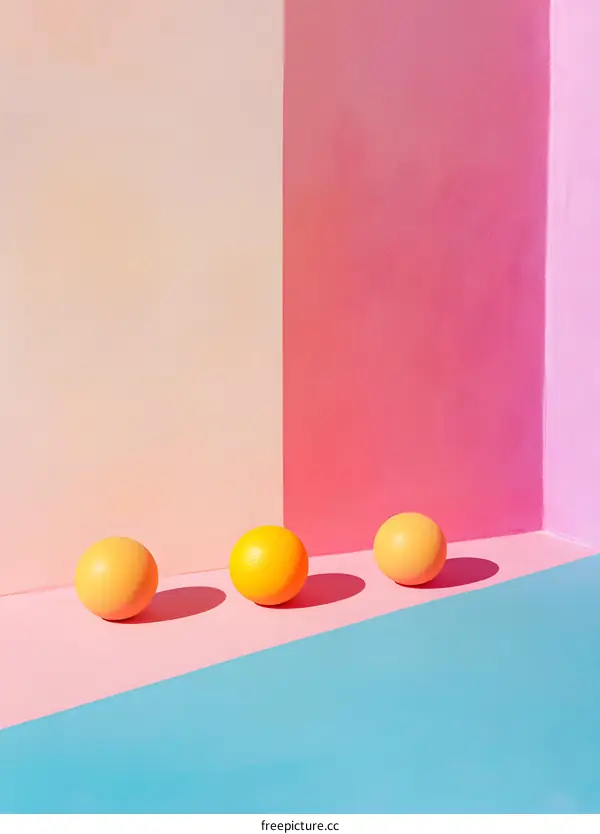 Three Yellow Balls On Pink And Blue Background