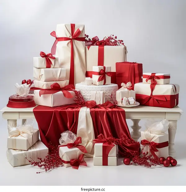 A table full of beautifully wrapped presents with red ribbons