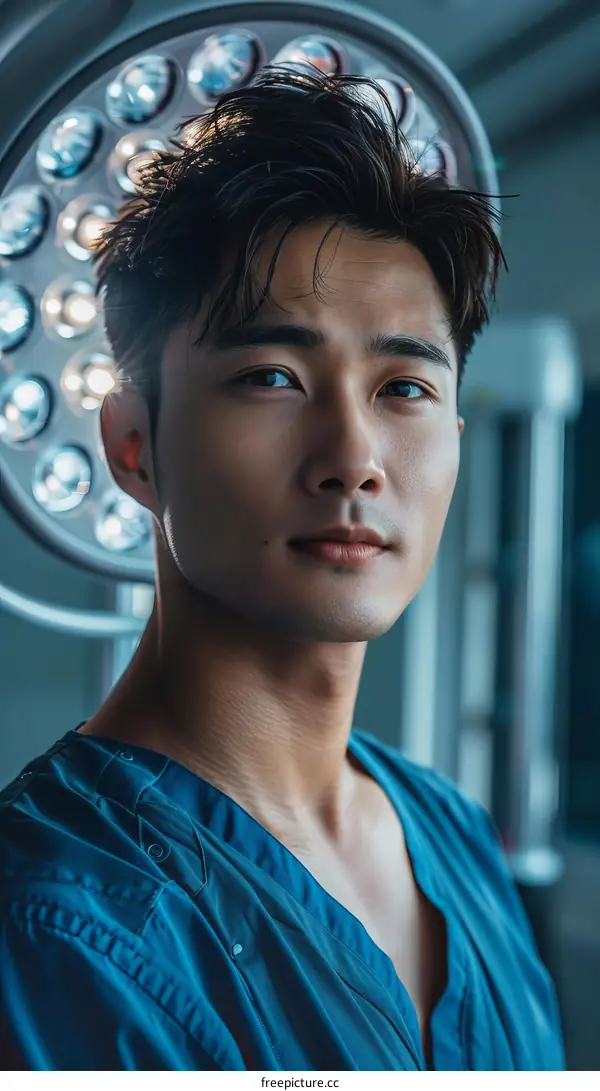 Portrait of a male doctor in blue uniform standing in front of a surgical lamp